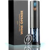 Sleek electric wine opener placed next to an open bottle of wine on a wooden table.