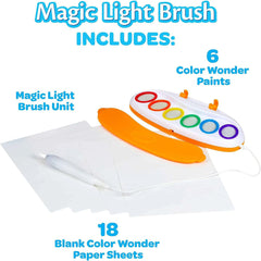 A comprehensive set of non-toxic art supplies, including the Color Wonder Magic Light Brush, ideal for young artists