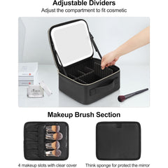 An organized cosmetic bag showcasing multiple compartments and a lighted mirror, ideal for storing beauty essentials and accessories