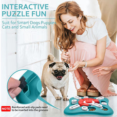 Dog brain game featuring a durable design with sliding pieces to hide treats, ideal for stimulating intelligence and providing enrichment