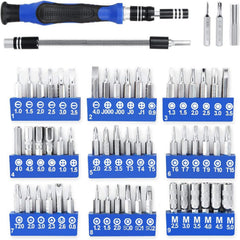Electronics screwdriver set with precision tips for repairing smartphones, tablets, and other delicate devices, stored in a convenient, portable case