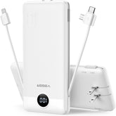 Compact portable charger for iPhone with integrated built-in cables and a wall plug for convenient on-the-go charging