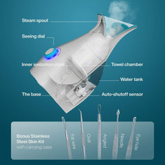 Facial Steamer with nano ionic technology to improve skin texture, unclog pores, and hydrate for smoother skin