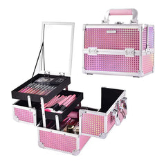 Spacious makeup train case showcasing organized compartments and stylish design, perfect for storing cosmetics and beauty essentials
