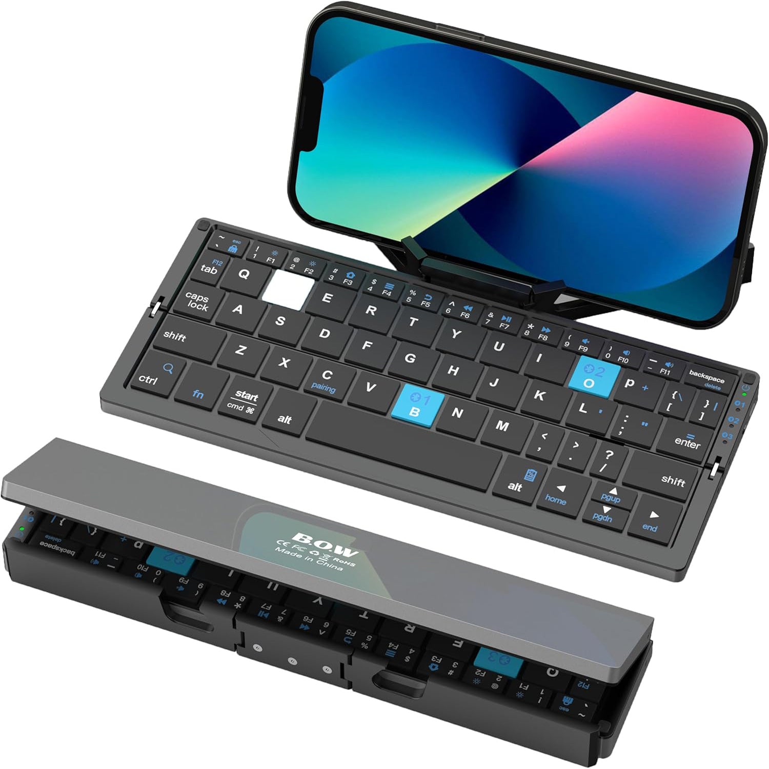Mini foldable Bluetooth keyboard, compact wireless design, ideal for tablets and smartphones with easy Bluetooth pairing and portability features