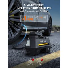 Lightweight portable air compressor for inflating tires on cars, SUVs, and bicycles; includes an LED flashlight and an automatic shut-off feature for safe and accurate inflation
