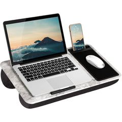 Portable lap desk for laptops with a comfortable cushion base, ideal for home, office, and travel use