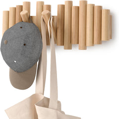 Picket Wall-Mounted Coat Rack - 5 Retractable Wood Pegs for Space-Saving Storage