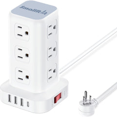 Power Strip Tower Surge Protector - 12 Outlets & 4 USB Ports (1 USB-C), 6.5ft Extension Cord