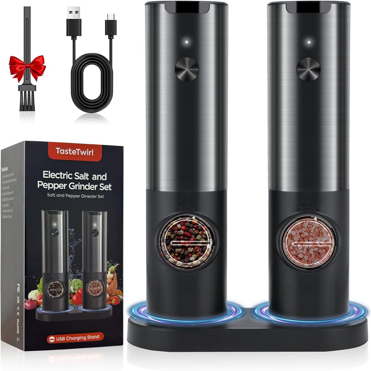 Electric Salt and Pepper Grinder Set - Rechargeable with USB Charging Stand, One-Handed Operation, Adjustable Coarseness, LED Light