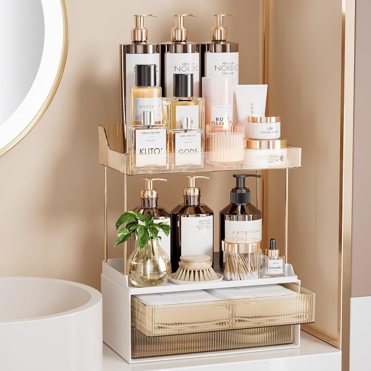 2-Tier Bathroom Organizer with spacious storage for bathroom countertop essentials like soaps, lotions, and accessories, perfect for organizing small bathrooms with limited space