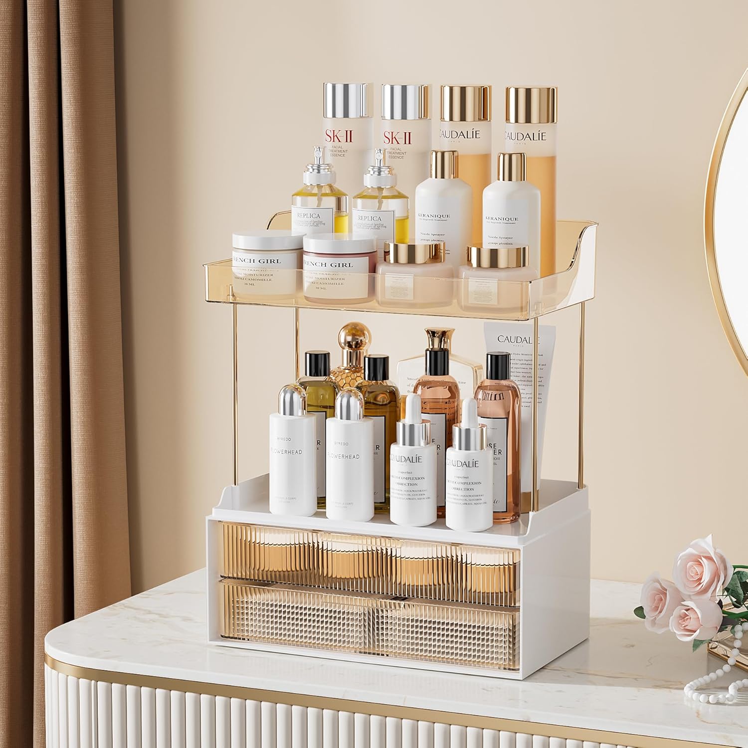 2-Tier Countertop Organizer, offering practical bathroom storage solution for counters, perfect for organizing beauty products, soaps, and other essentials