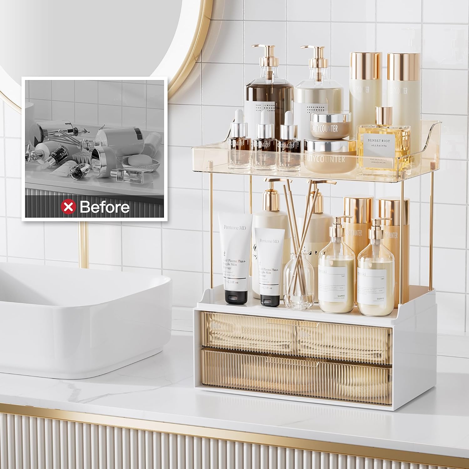 2-Tier Storage Shelf for bathroom countertop, perfect for keeping toiletries and bathroom supplies organized and accessible in compact spaces