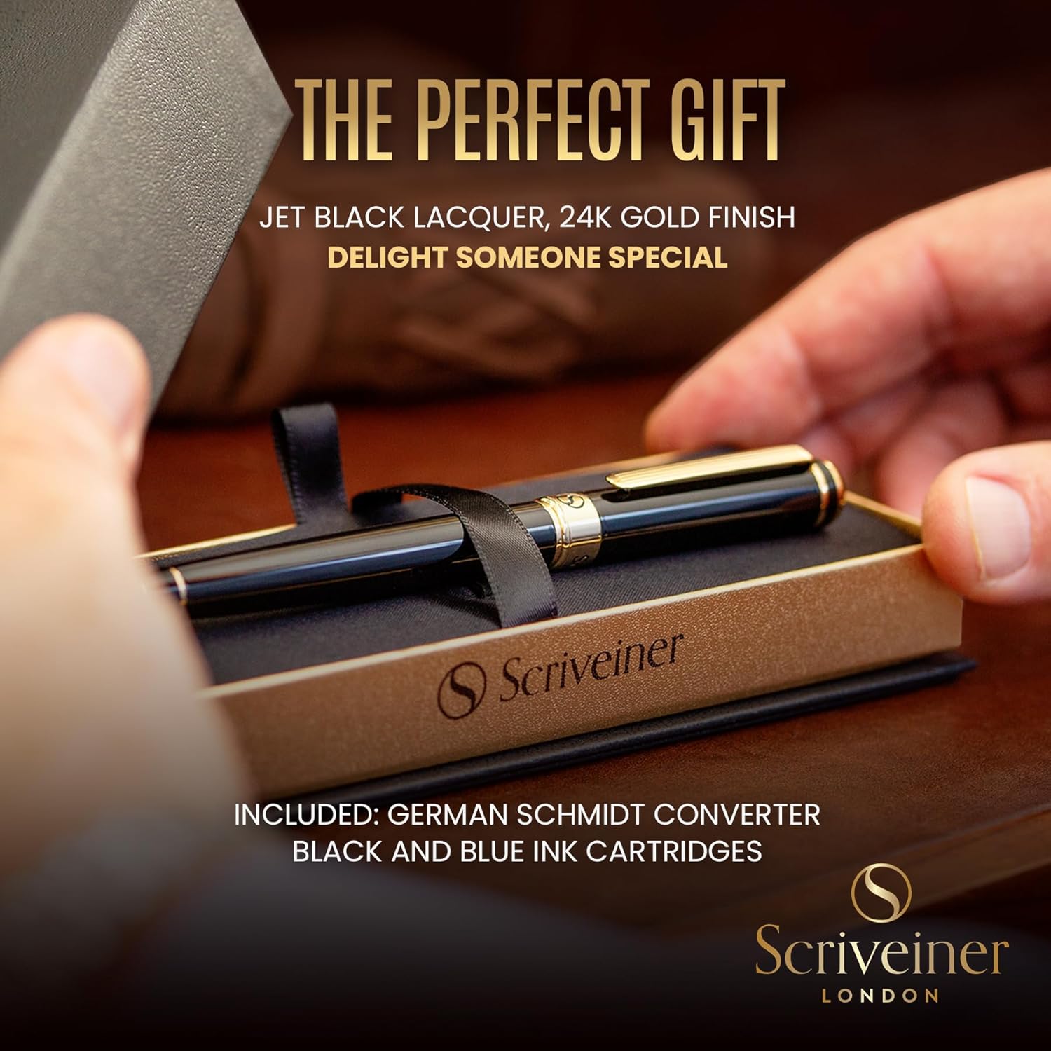 Sophisticated black lacquer fountain pen with 24K gold finish, designed for collectors and professionals seeking high-end writing instruments