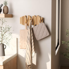 Picket Wall-Mounted Coat Rack - 5 Retractable Wood Pegs for Space-Saving Storage