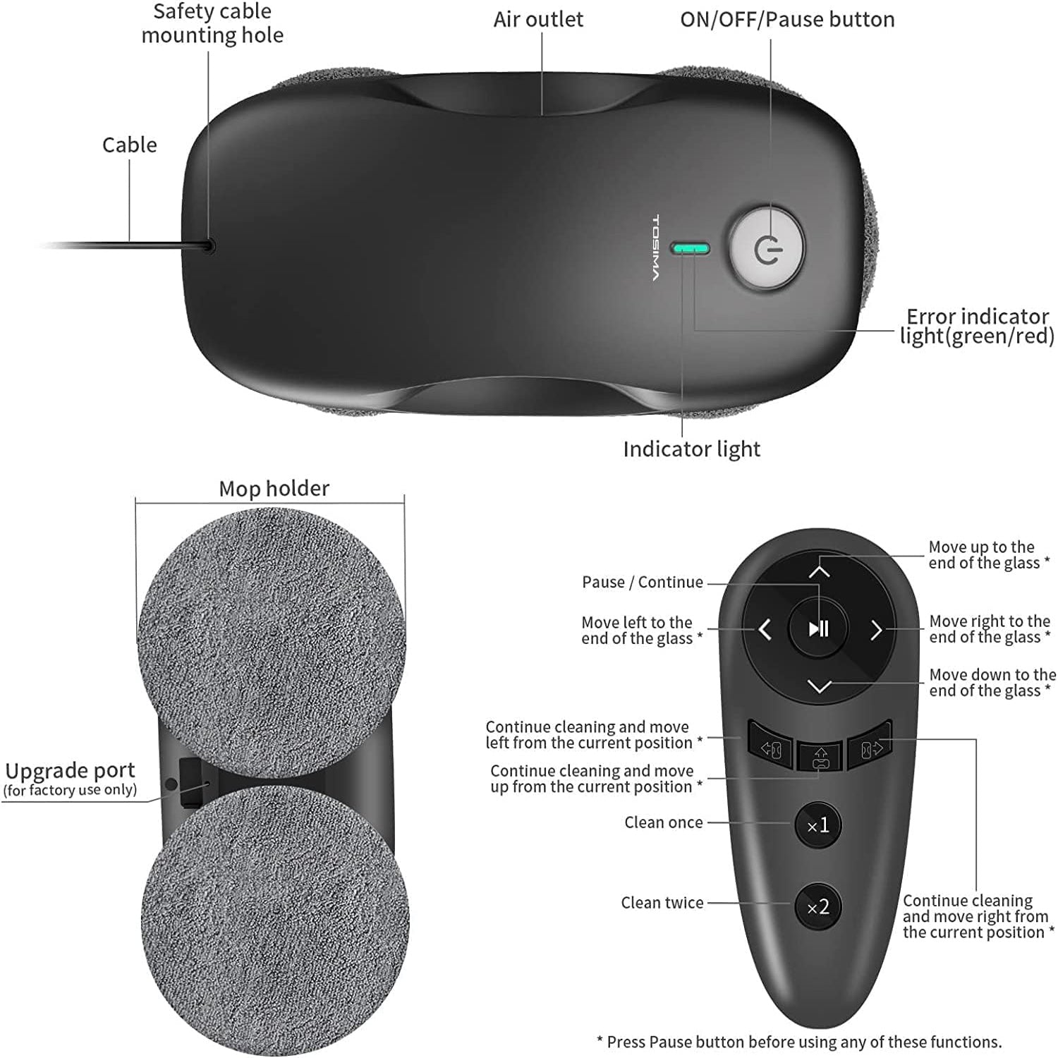 Window Cleaner Robot – Automatic Cleaning with 3800Pa Suction, Intelligent Path Planning, Edge Detection, and Remote Control