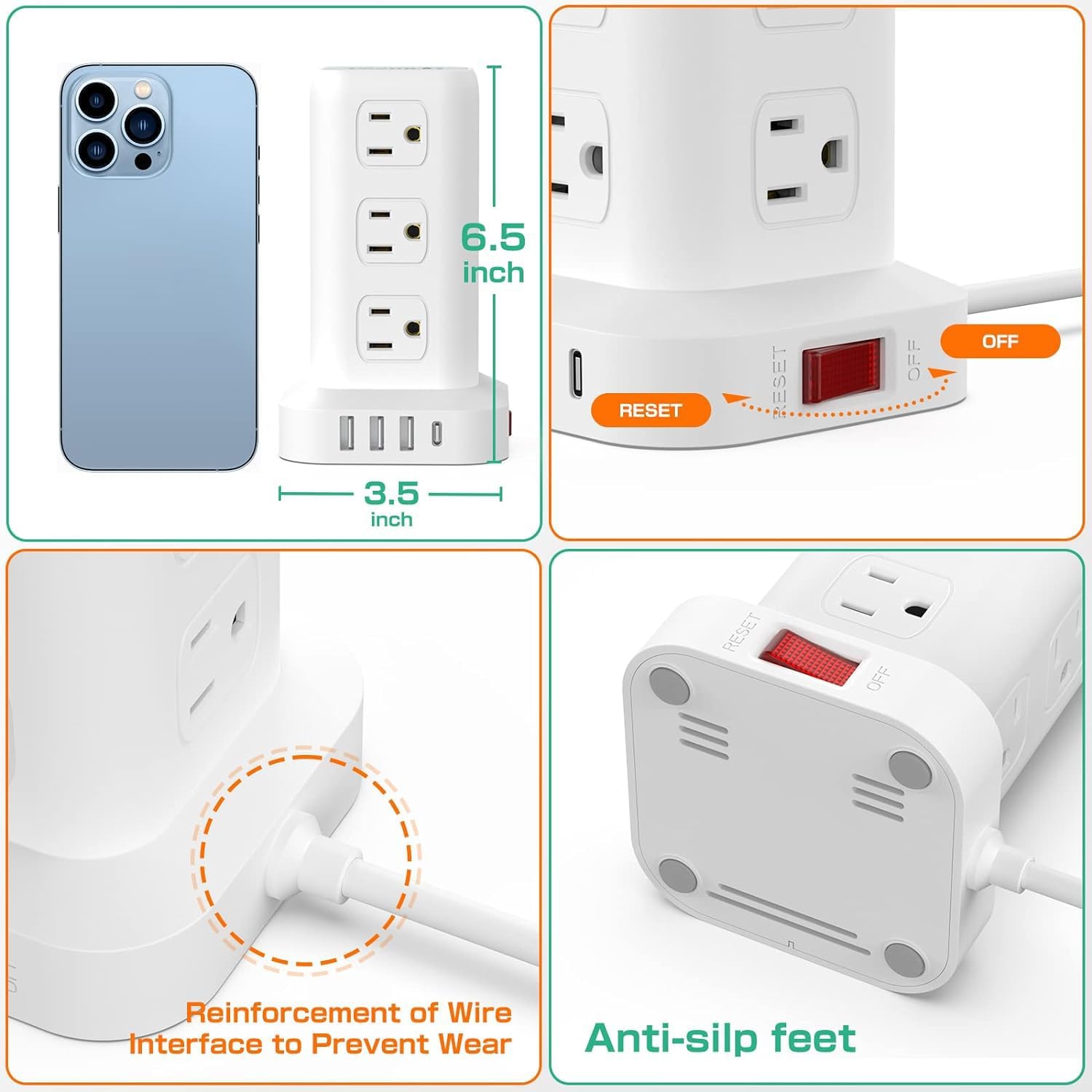 Power Strip Tower Surge Protector - 12 Outlets & 4 USB Ports (1 USB-C), 6.5ft Extension Cord