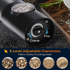 Electric Salt and Pepper Grinder Set - Rechargeable with USB Charging Stand, One-Handed Operation, Adjustable Coarseness, LED Light