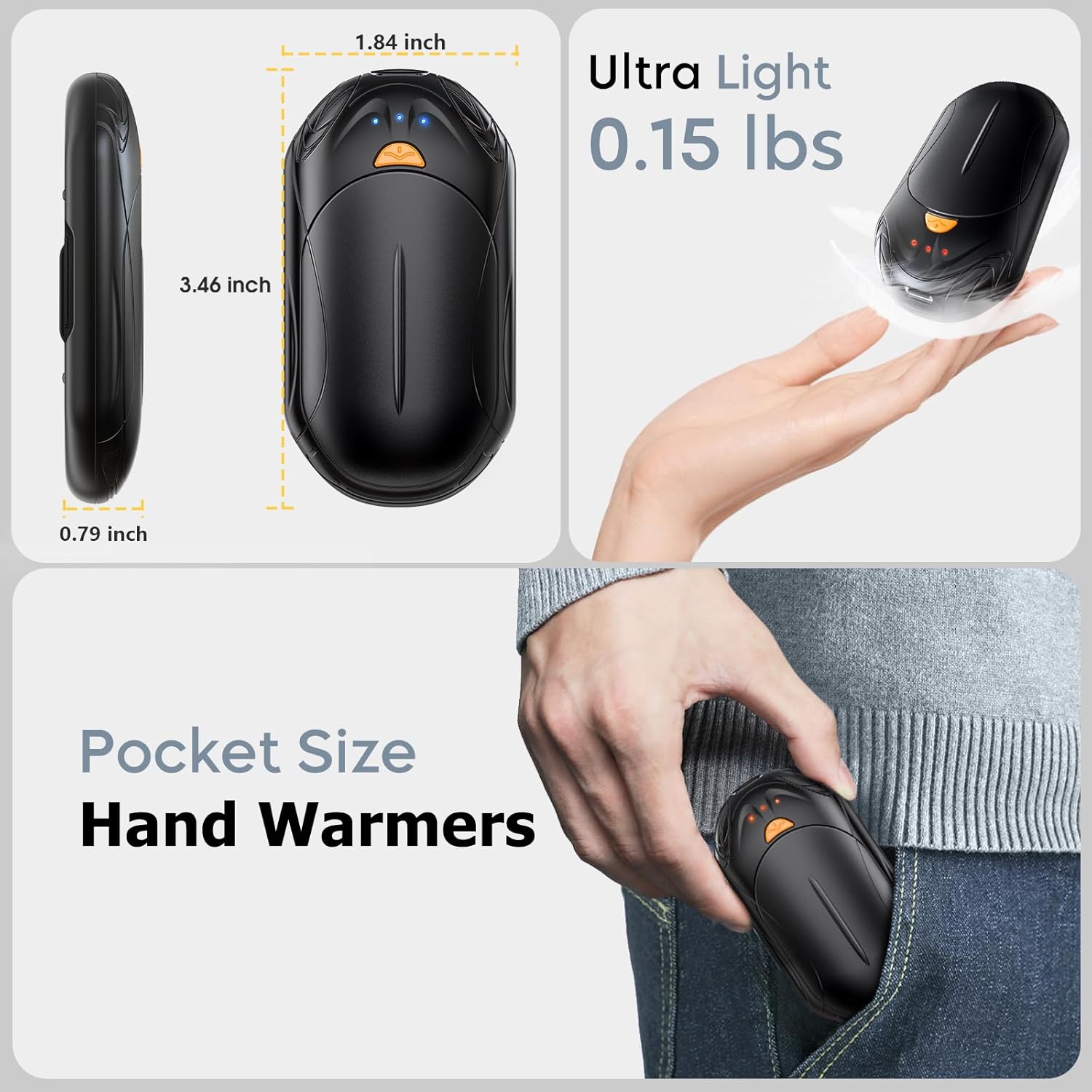 USB rechargeable hand warmers with adjustable heat settings, ideal for keeping hands cozy during cold outdoor adventures