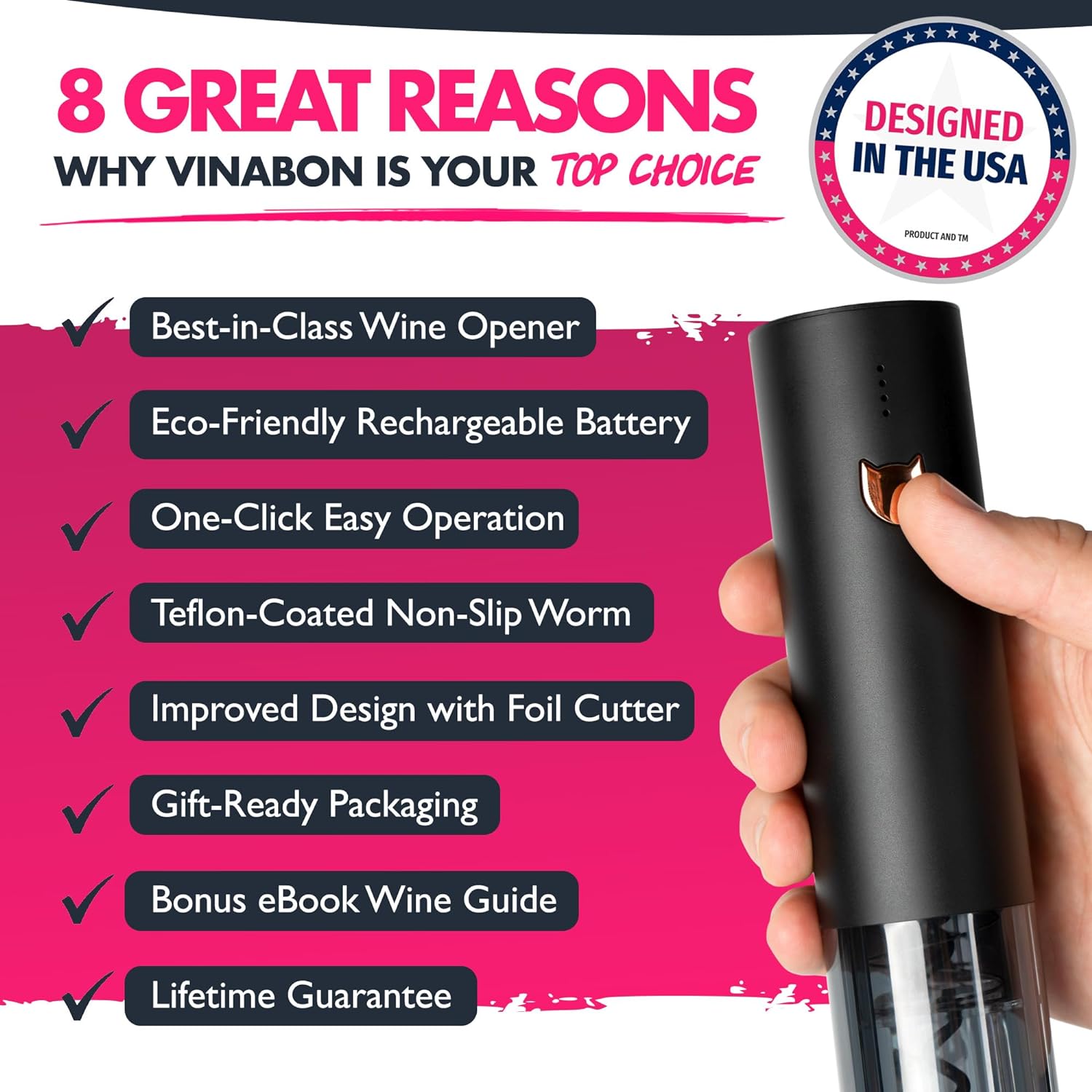 Cordless electric wine opener in action, removing a cork from a wine bottle