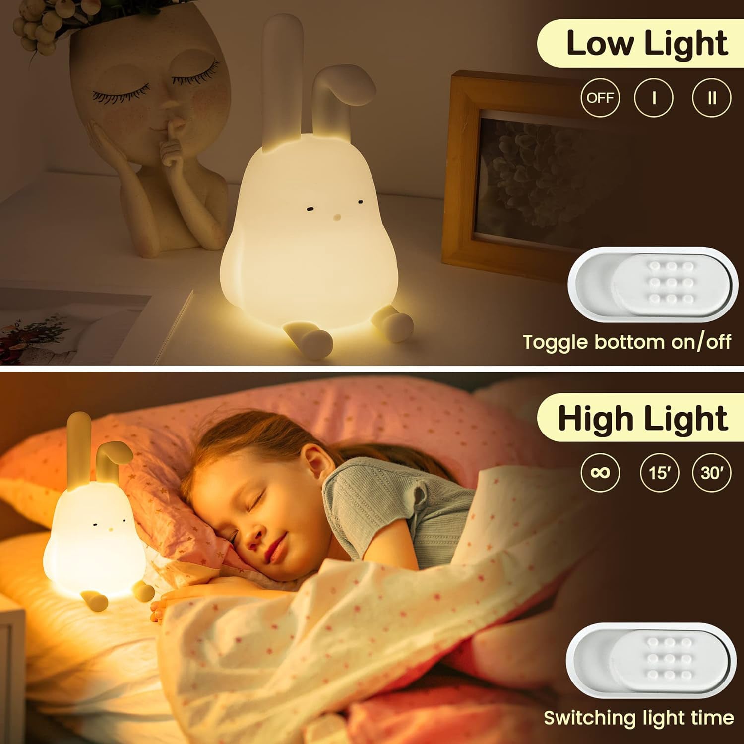 Animal night light shaped like a bunny, with a soft glow and friendly design; a cute bedtime accessory for children and toddlers