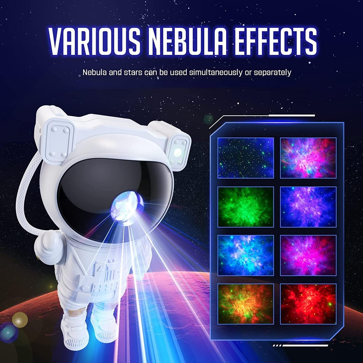 Astronaut-shaped LED projector light with galaxy and starry night sky projections, ideal for creating a space-themed room