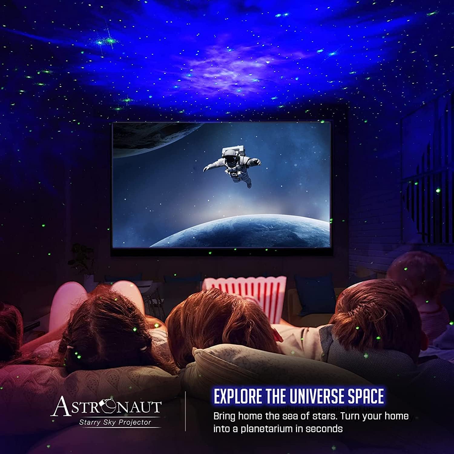 Astronaut projector light featuring starry sky and galaxy effects, perfect night light for kids and adult space enthusiasts