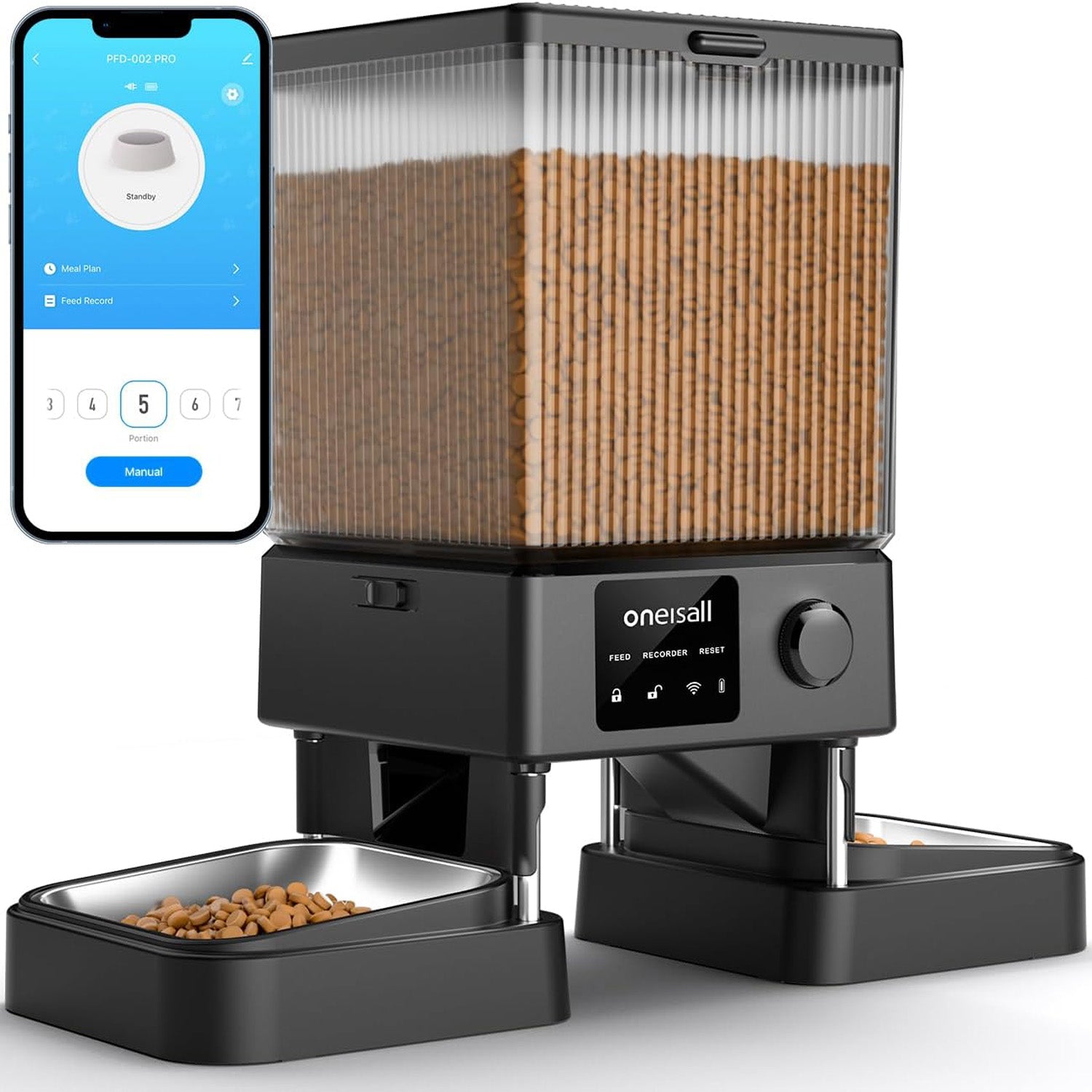 Automatic cat feeder with 5G WiFi connectivity, offering remote feeding control, app integration, and portion management, perfect for busy pet owners