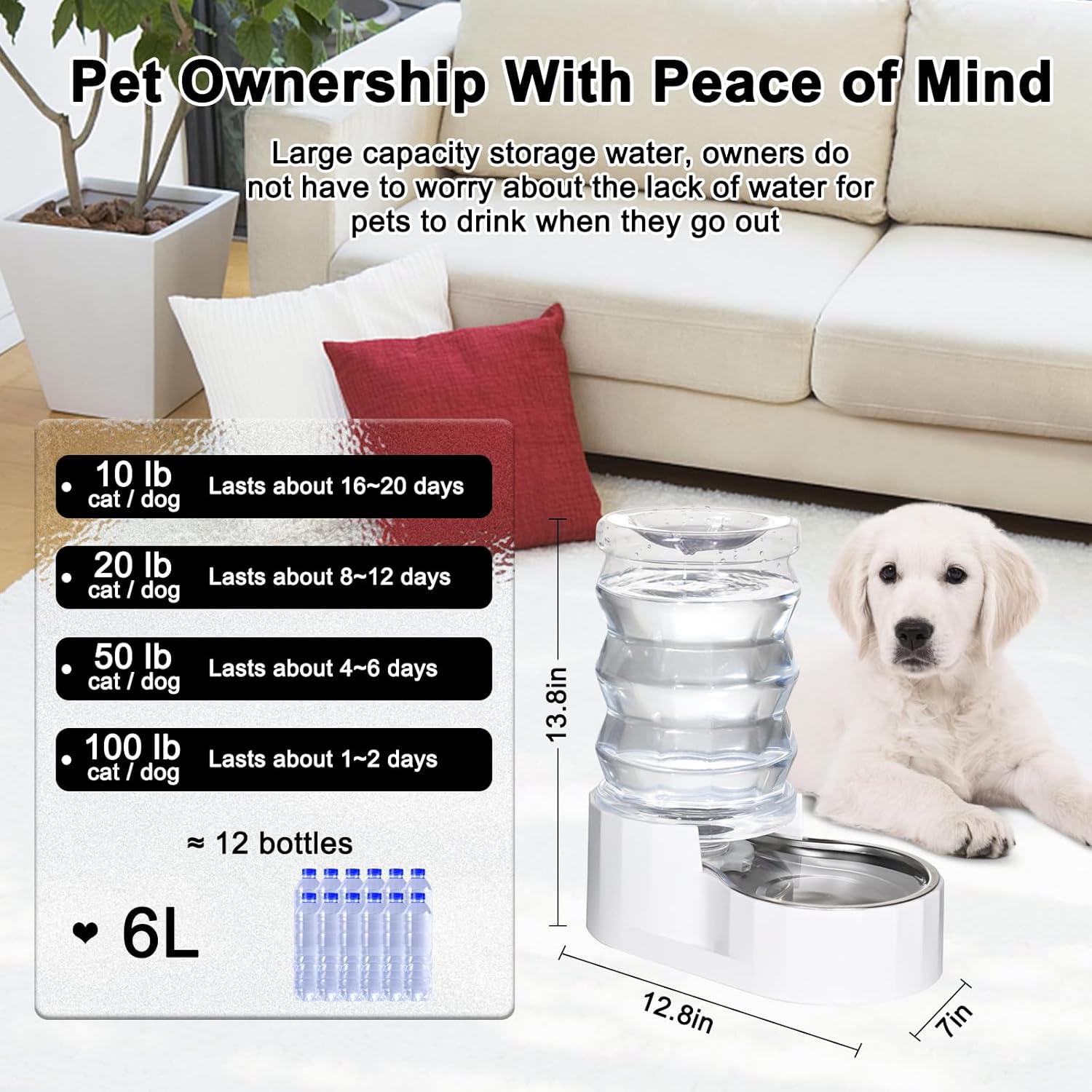 Non-electric 6L pet water station designed for continuous water supply, great for households with multiple pets, providing a steady flow of water while reducing water wastage