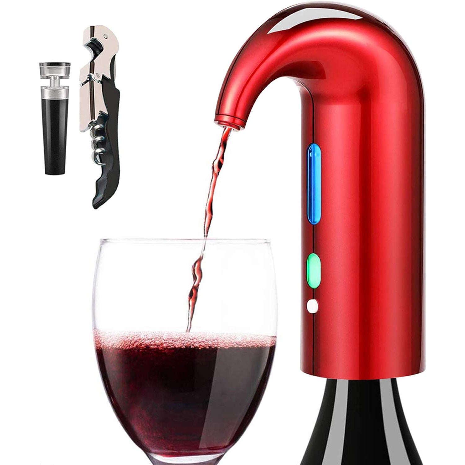 Close-up of a high-quality electric wine aerator in action, demonstrating its ability to decant wine with ease