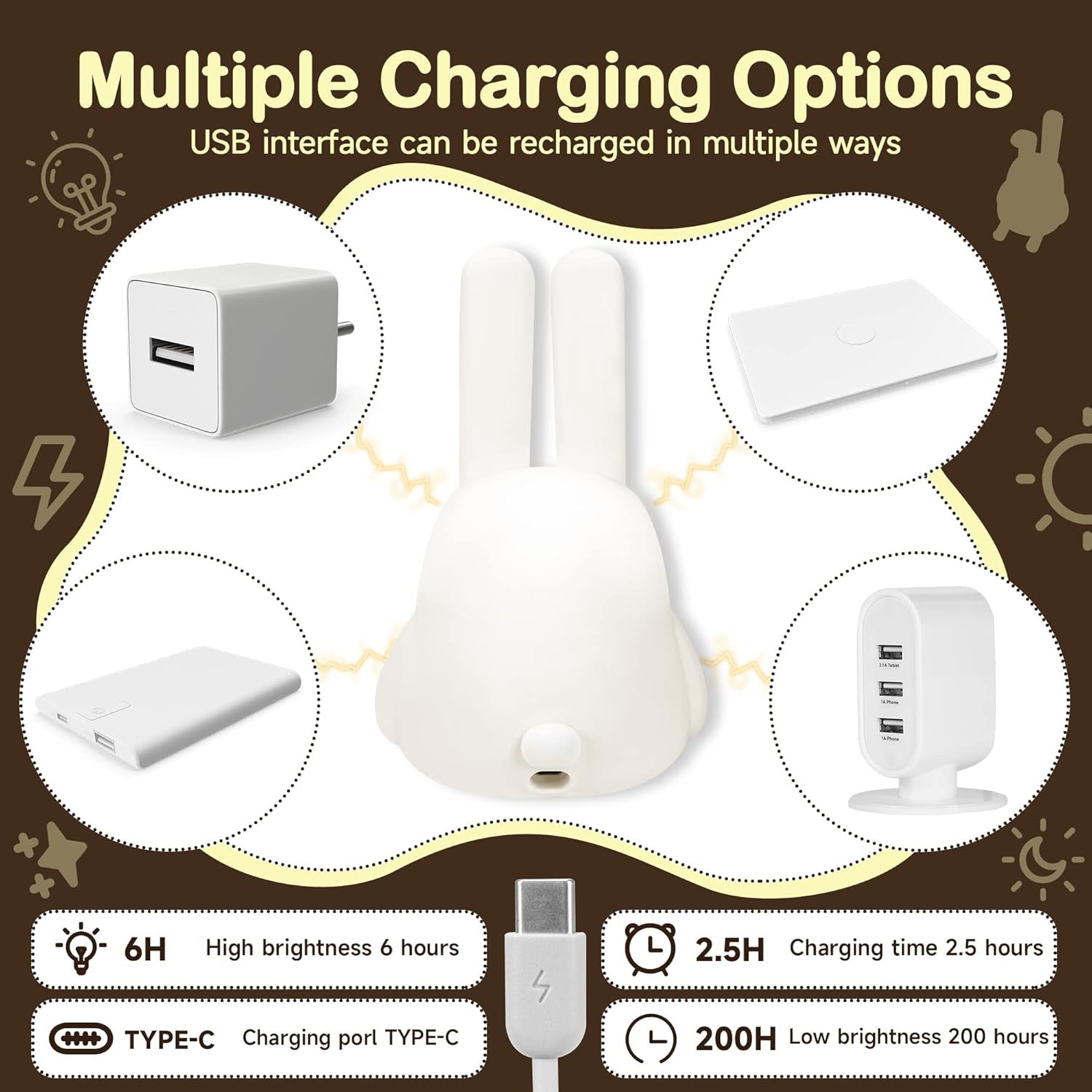 Soft, baby-friendly bunny night light with dimmable LED settings, providing a gentle glow for infants and young children