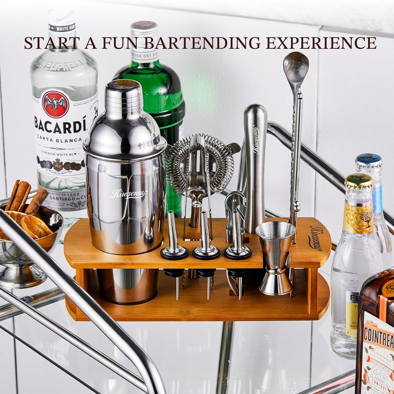 Complete bartender kit with shaker and mixing tools, perfect for home mixologists and creating classic cocktails