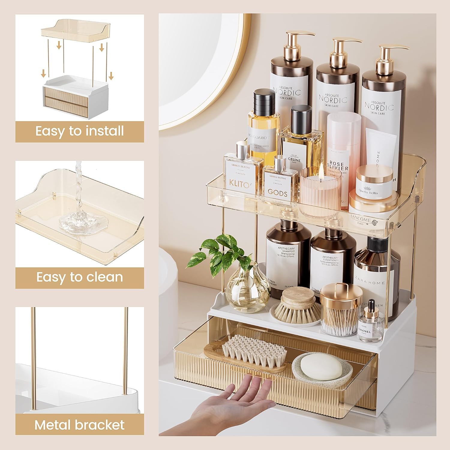 Bathroom Countertop Shelf with dual storage levels for added organization, perfect for holding soaps, lotions, and toiletries on bathroom counters