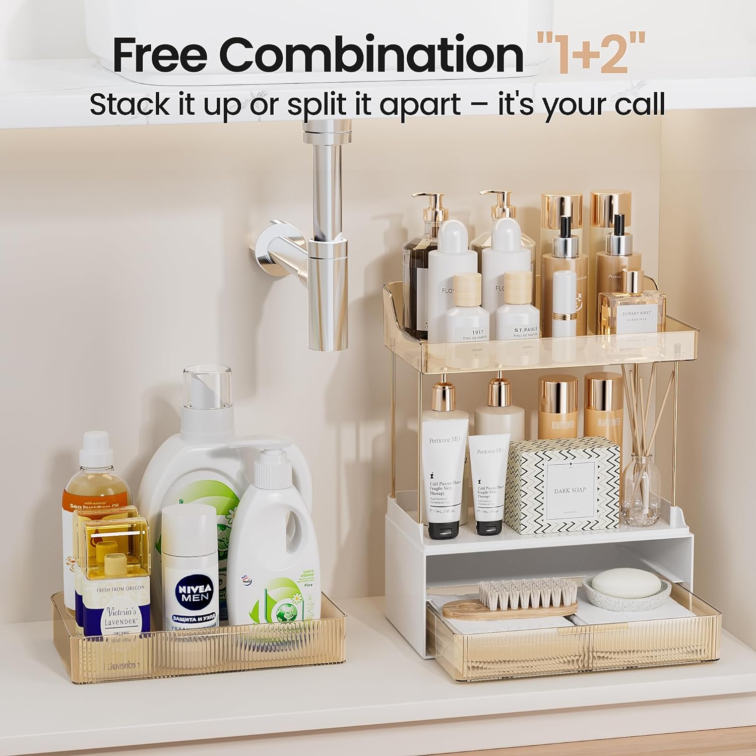 Bathroom Storage Rack with two-tier design, providing compact storage for counters, helping keep bathroom items and accessories neatly arranged