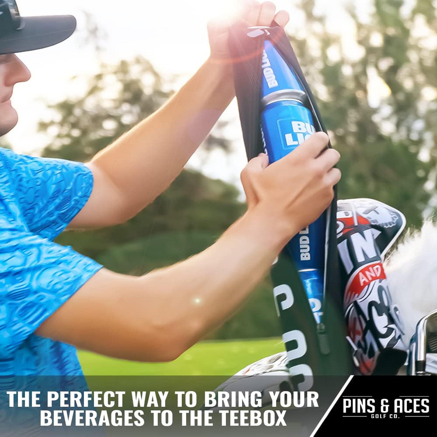 Golf bag beverage sleeve, perfectly insulated to keep your drinks cool, essential for golfers who want refreshments on the go