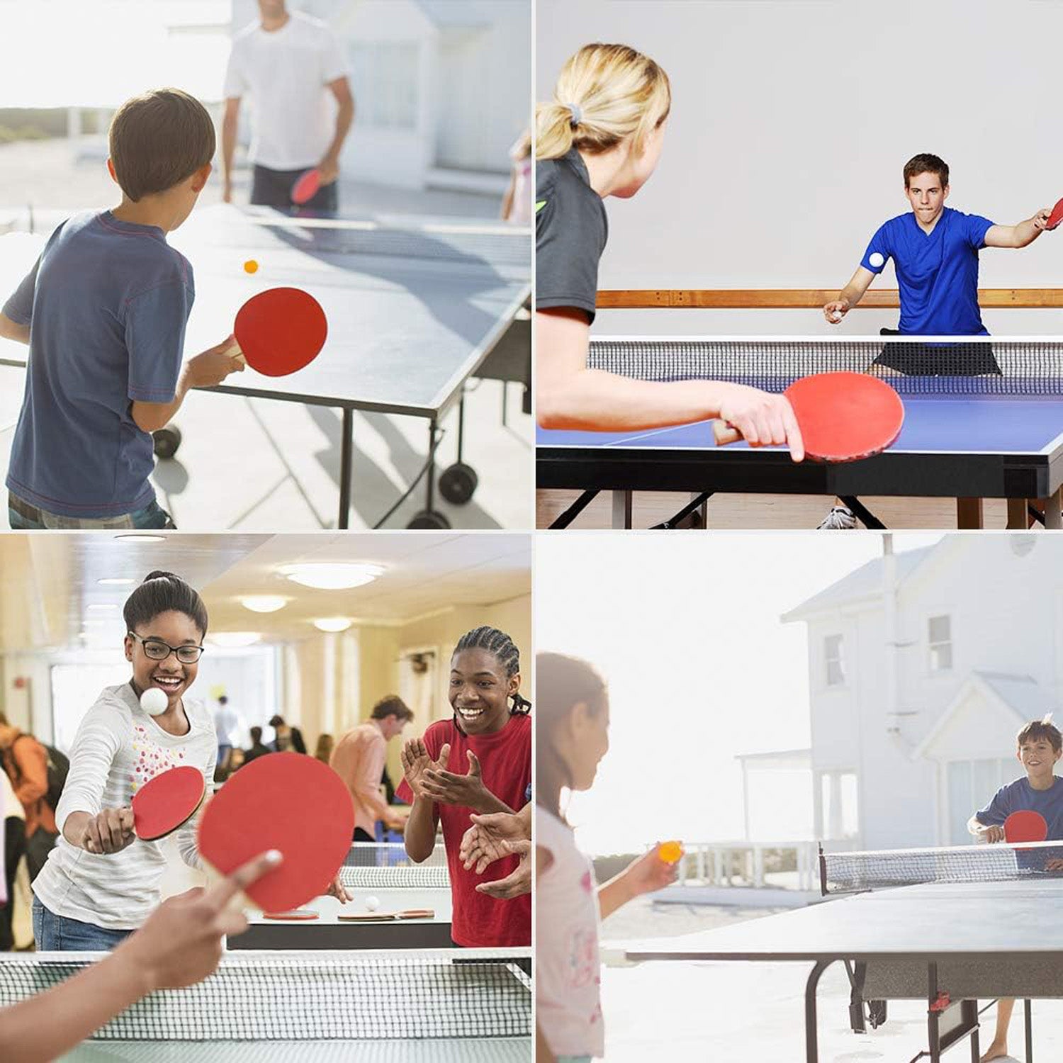 Portable and versatile ping pong paddle set with adjustable net, allowing any flat surface to become a table tennis table