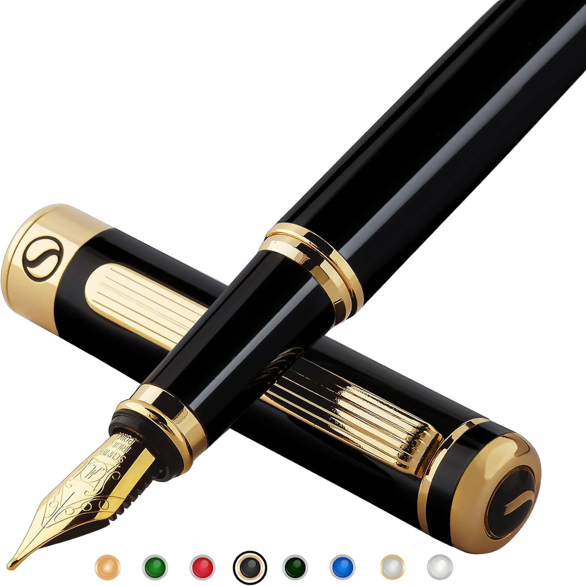 Premium black lacquer fountain pen with 24K gold accents, ideal for professional use and executive gifts, showcasing luxury craftsmanship