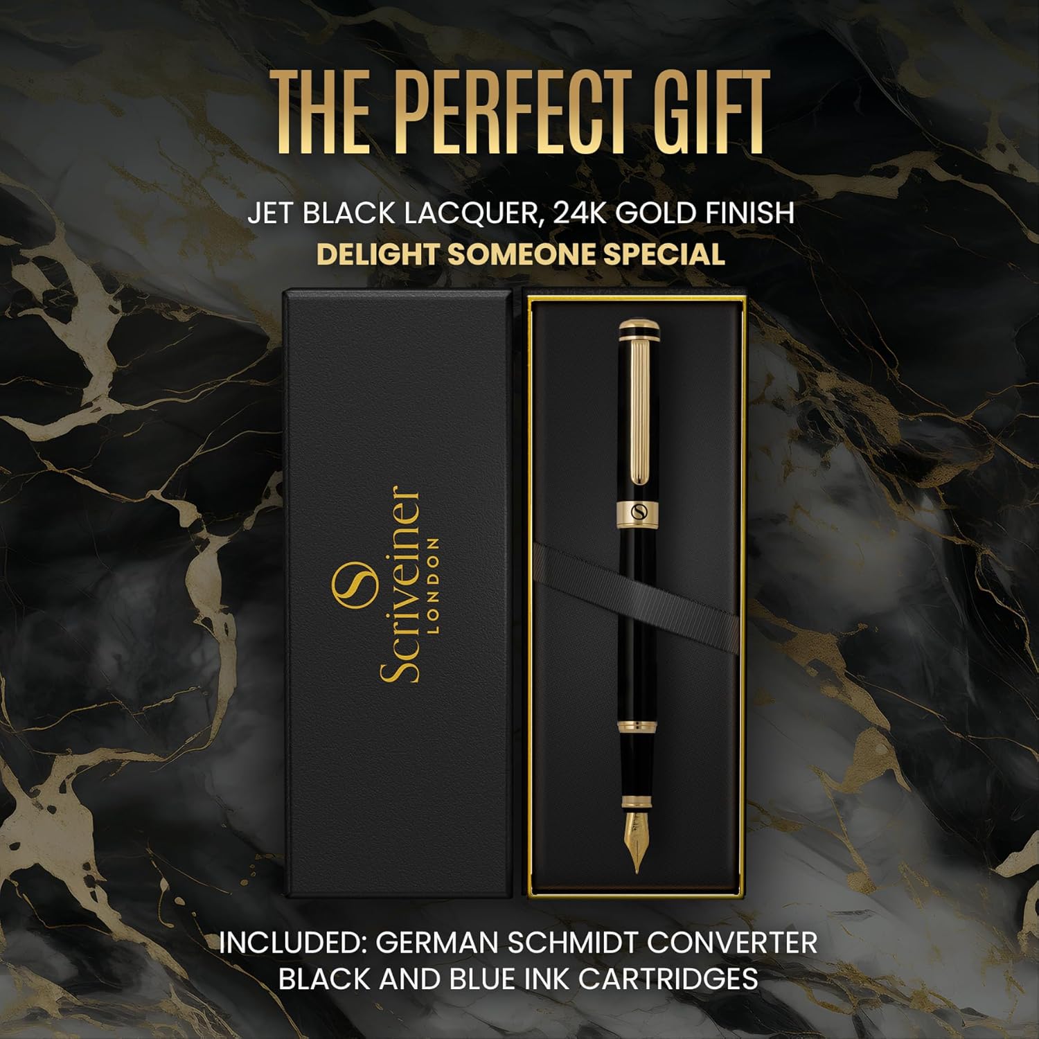 Elegant and luxurious black lacquer fountain pen with 24K gold trim, a sophisticated choice for professional writers and business meetings