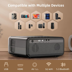 Compact and smart projector with WiFi and Bluetooth, offering easy wireless setup for home theaters, presentations, and outdoor movie nights