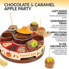 Complete chocolate & caramel fondue pot kit featuring various toppings, ideal for making gourmet caramel apples at home