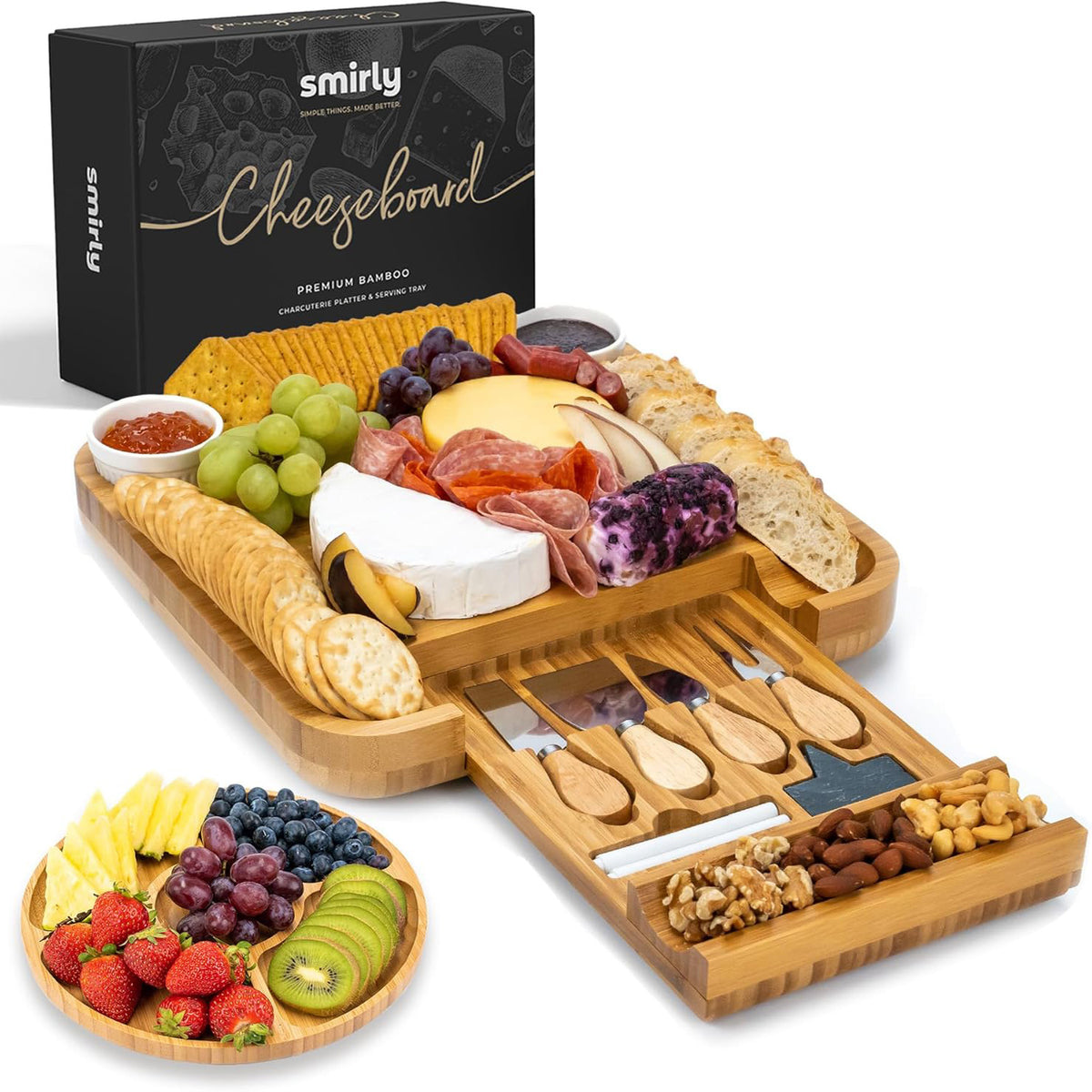 Elegant charcuterie board set featuring a premium wooden surface, perfect for serving a variety of cheeses, meats, fruits, and appetizers at any party or gathering