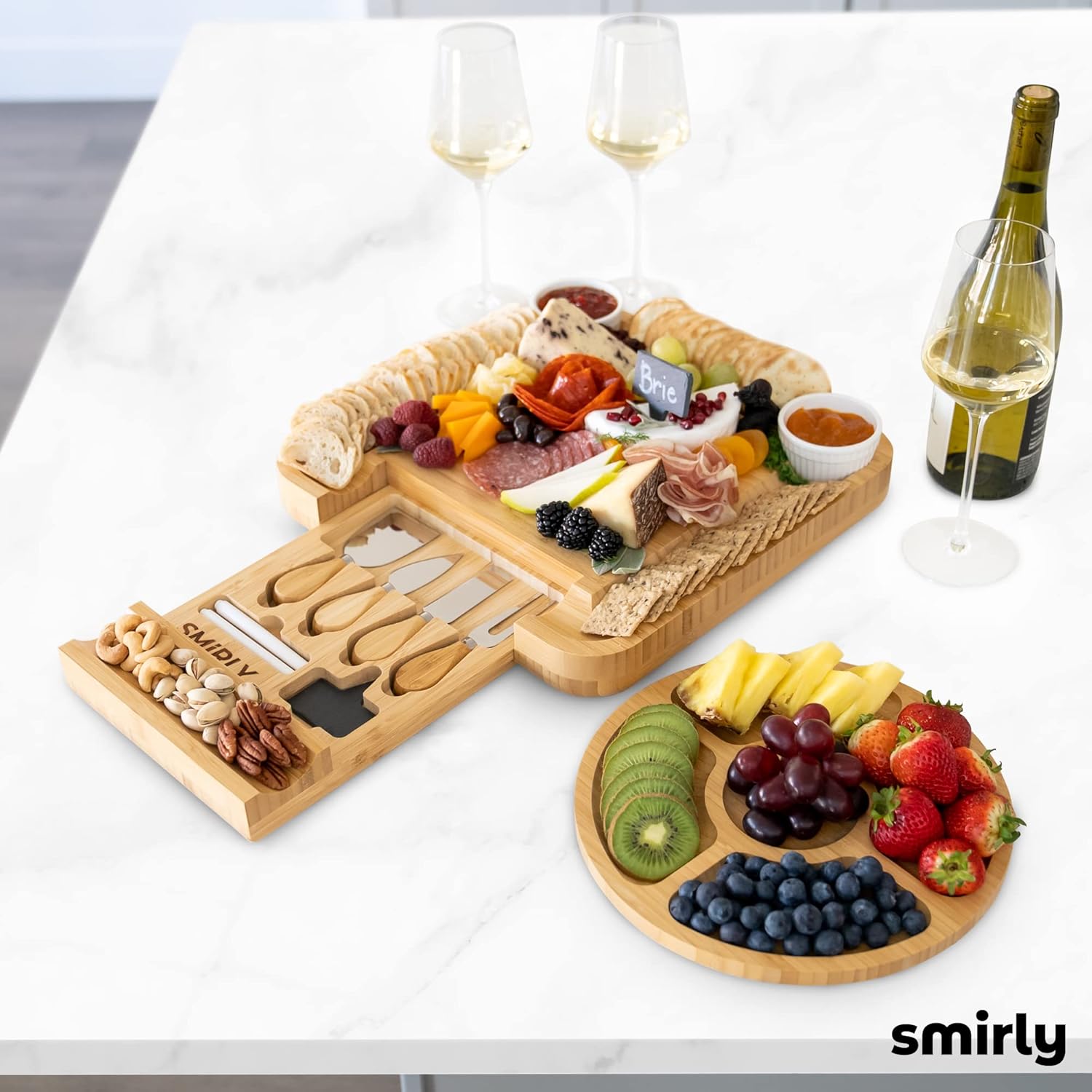 Cheese and meat board set with built-in compartments for easy organization of various cheeses, meats, crackers, and dips, perfect for entertaining guests 