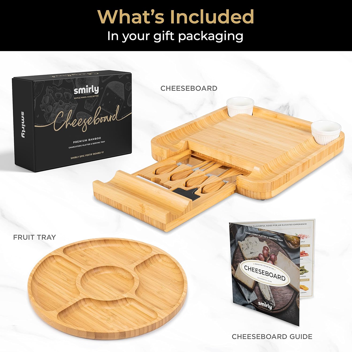 Stylish cheese serving platter made from high-quality bamboo, perfect for presenting a beautiful assortment of cheeses, crackers, and fruits for guests