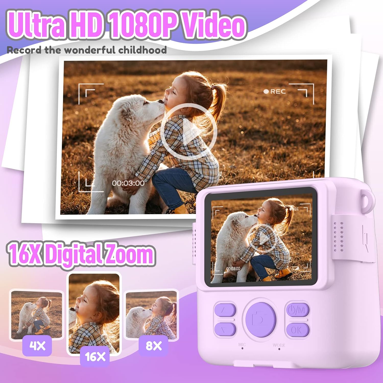 A fun children’s photo camera equipped with instant printing capabilities, encouraging creativity and exploration through photography for kids of all ages