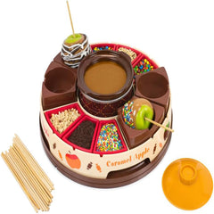 Chocolate & Caramel Fondue Pot set with caramel-coated apples and colorful toppings, perfect for dessert gatherings