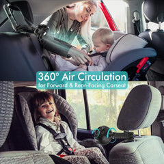 Versatile clip-on stroller fan with a flexible neck, allowing parents to easily position it for optimal airflow, ensuring a comfortable ride for babies in any weather