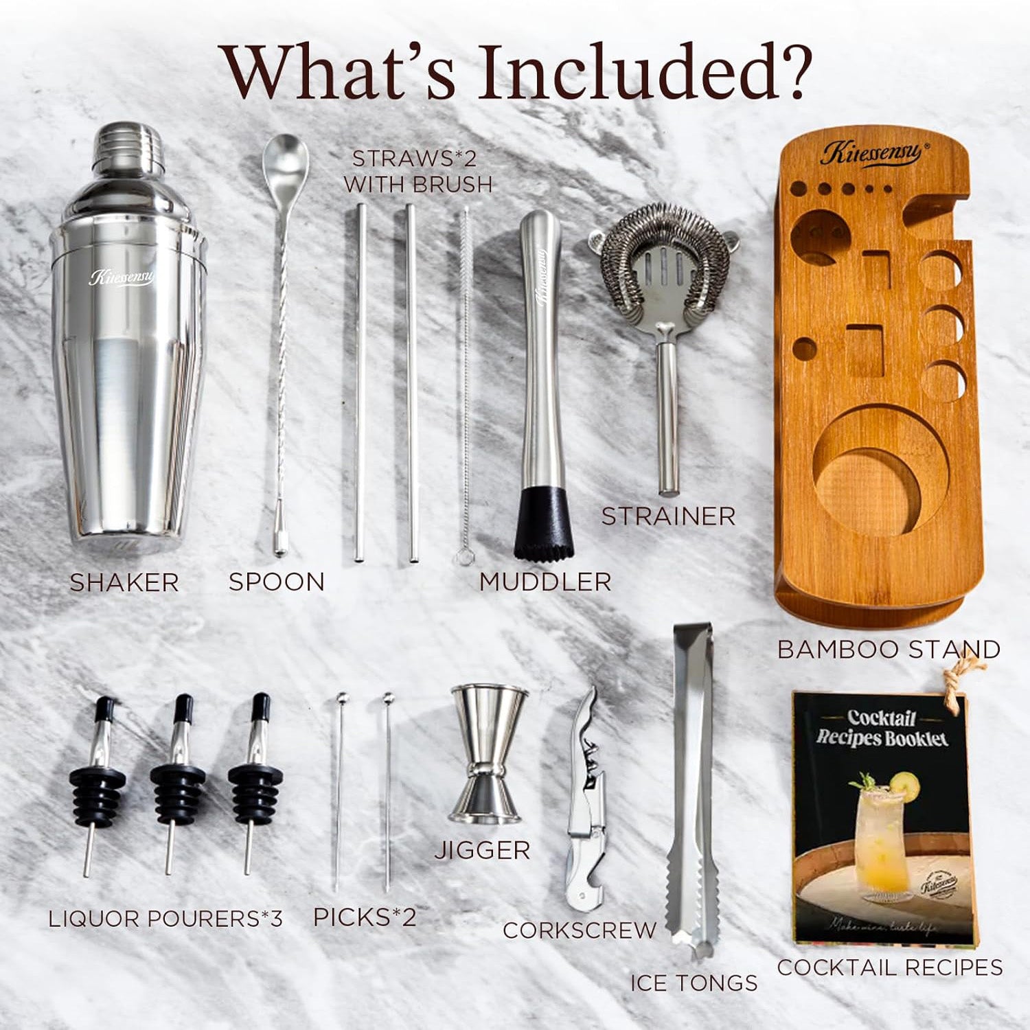 Cocktail making kit with all essential bartending tools, in a sleek design with convenient storage stand for home bar setup