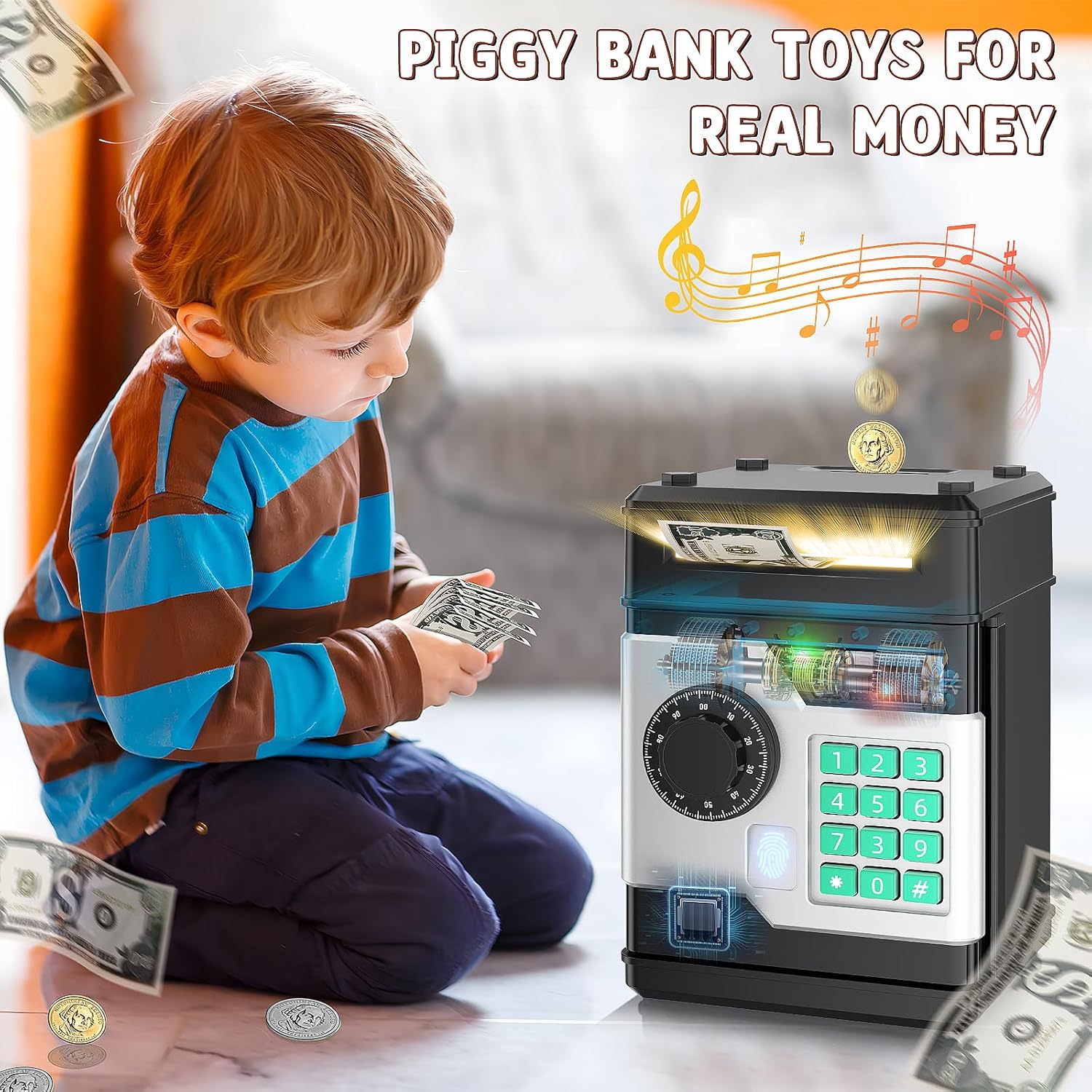 Fun and functional coin bank for kids, ideal for teaching children to save pocket change and small bills