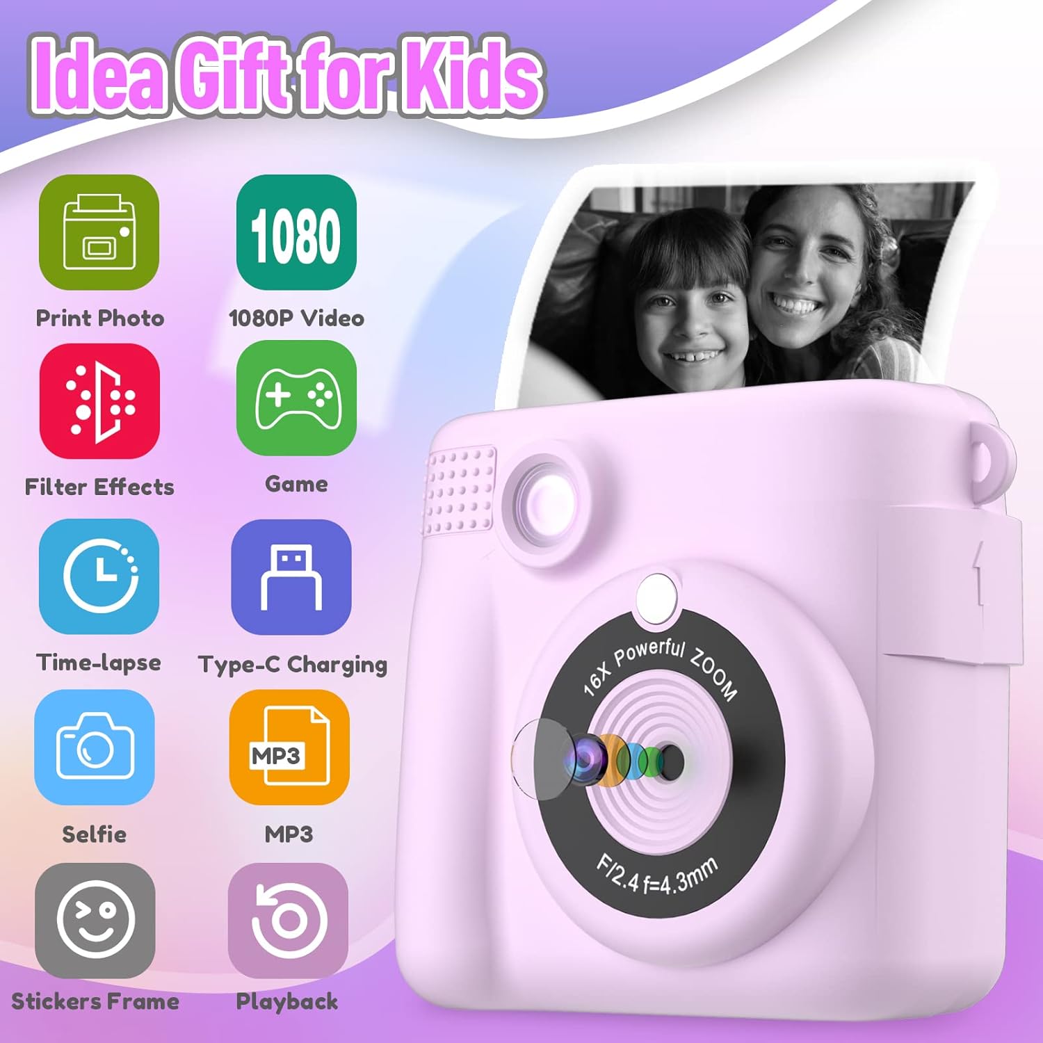 This compact kids camera fits perfectly in little hands, making it easy to take photos on the go, and includes an instant print feature to share memories right away