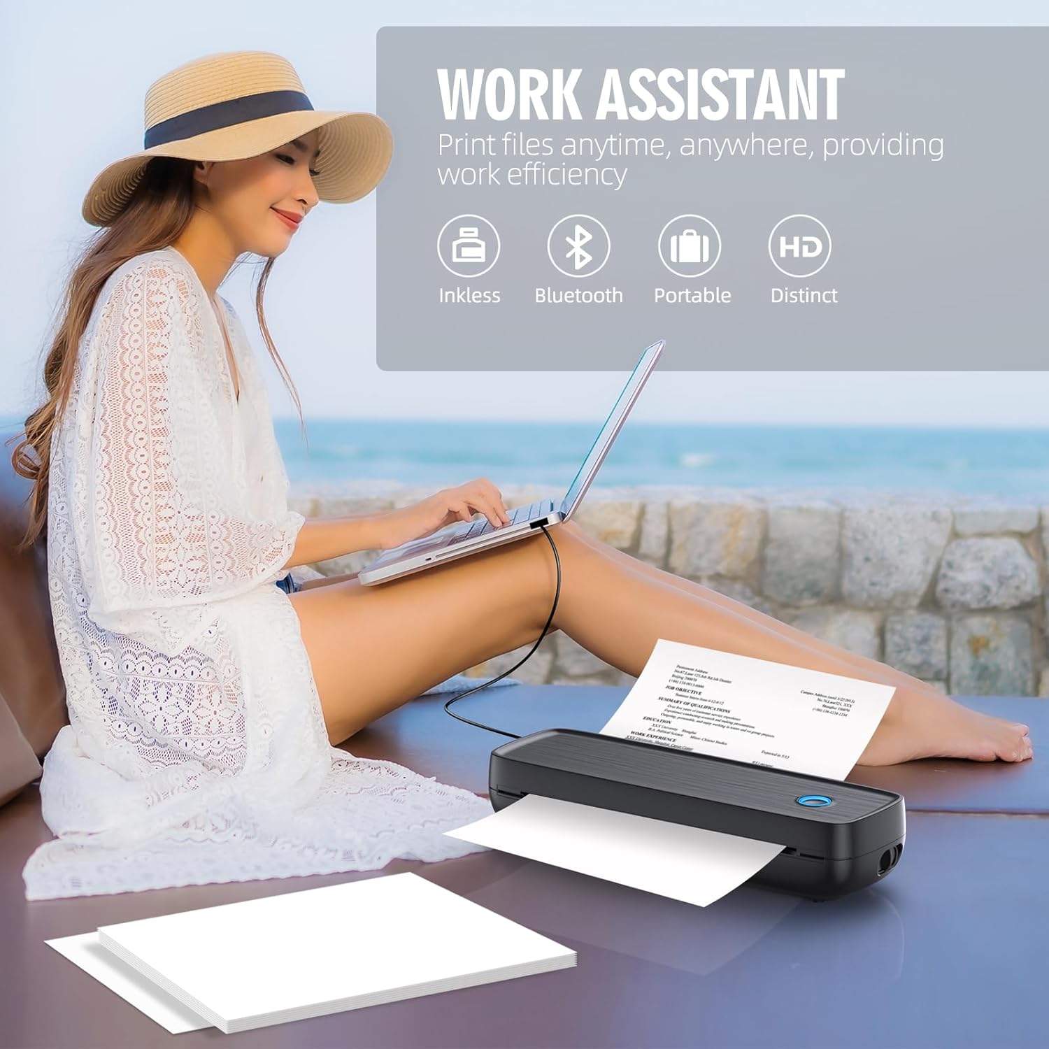 Wireless travel printer for printing documents and photos without the need for cables, perfect for business travelers and on-the-go printing